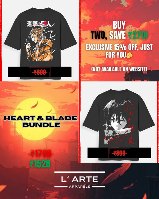 Heart & Blade Bundle - Eren & Mikasa Print Unisex Oversized T-Shirts